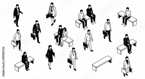 isometric set of business people in black and white featuring professionals walking commuting and sitting on benches.