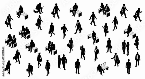vector collection of isometric silhouette people in business attire walking sitting and working in an urban setting