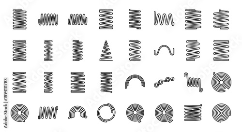 spring coil icons collection featuring various mechanical components and elastic designs illustrating industrial engineering and physics concepts