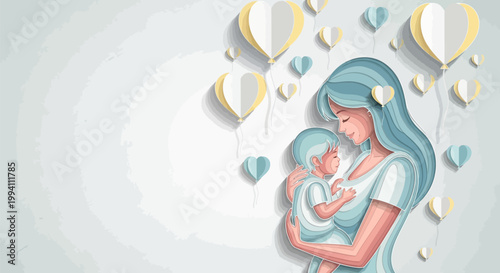 Illustration of a mother holding her baby with heartshaped balloons, representing love, motherhood, and family care in a soft, artistic style