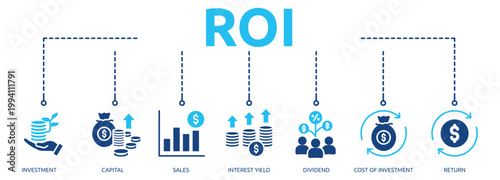 roi glyph banner icon of investment, capital, sales, interest yield, dividend, cost of investment, return