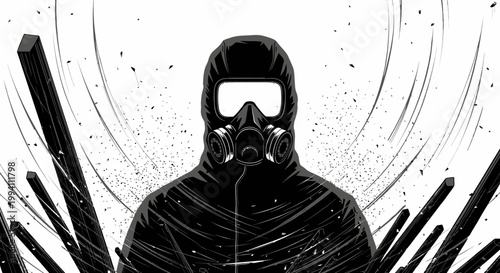 a hazmat suit person with a gas mask and protective gear stands in a chaotic abstract environment illustrating public health crisis and environmental hazard concepts.