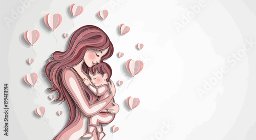 Beautiful illustration of a loving mother hugging her baby with pink heart balloons, concept of motherhood, love, and mothers day celebration