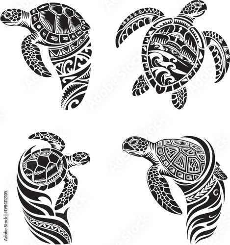 Tribal turtle tattoo collection design Polynesian style. turtle tattoo design