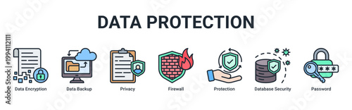 Data Protection web banner icon vector illustration with icons of Data Encryption,Data Backup,Privacy,Firewall,Protection,Database Security and Password