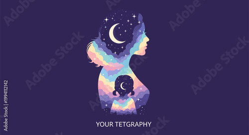 Surreal silhouette of a woman with a night sky, crescent moon, and colorful clouds inside, featuring a smaller silhouette of a young girl