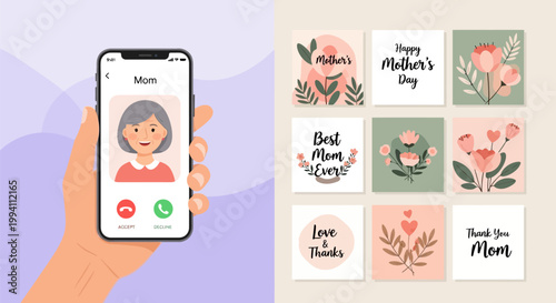 Hand holding a smartphone with an incoming call from mom and a set of floral mothers day greeting cards with decorative elements