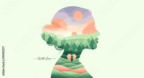 Double exposure silhouette of a womans head filled with a beautiful landscape of rolling hills, a forest, and a sunset, with a small child inside a heart