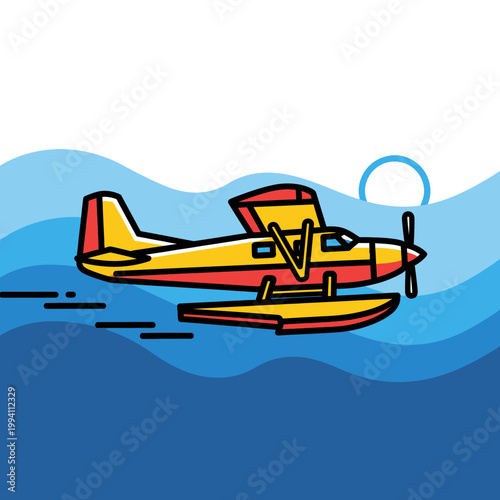 Yellow and red sea plane flying.