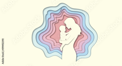 Paper cut style illustration of a mother holding her baby, layered abstract background in soft pastel colors, motherhood and love concept