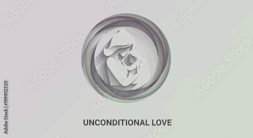 Abstract illustration of a mother holding her baby in a circular frame, representing unconditional love, maternal bond, and nurturing care