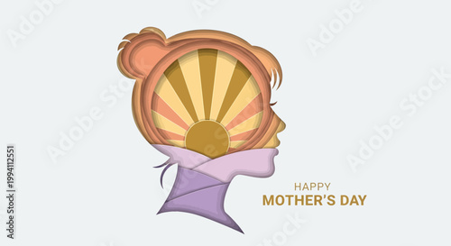 Paper cut style illustration of a womans profile with a sunburst inside her head, representing a bright mind and motherhood, mothers day greeting card