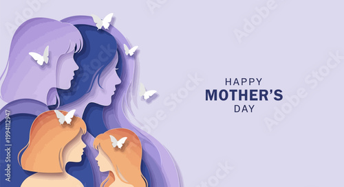 Happy mothers day greeting card with paper cut style illustration of a mother and her children surrounded by butterflies on a purple background