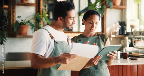 People, documents and cafe with tablet for small business management, inventory or stock checklist. Man, woman or employees with technology or paperwork for revenue service or review in coffee shop