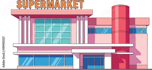 Supermarket Building Illustration with Modern Storefront Architecture, Retail Shop Exterior for Grocery Shopping Concepts, Urban Business Design, and Commercial Graphics