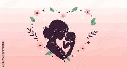 Silhouette of a mother holding her newborn baby, surrounded by a heartshaped wreath of flowers and leaves, tender maternal love illustration