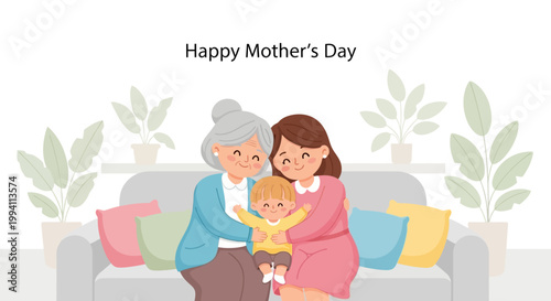 Happy mothers day three generations of family grandmother, mother, child embracing on a sofa