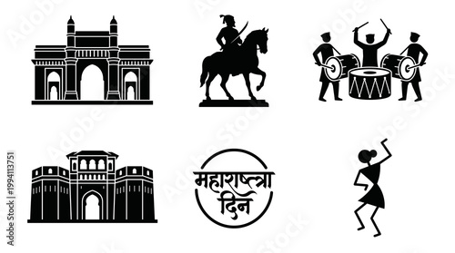 Black silhouette vector icon set for Maharashtra Day celebration including monument arch, warrior on horse, fort, traditional drum players, text, and folk tribal art.