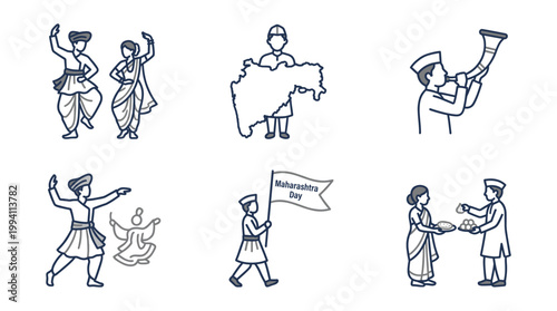 Traditional dancers, tutari blower, map bearer, flag walker, and offering hospitality, a vector line icon set for Maharashtra Day.