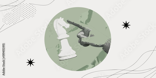 Abstract composition featuring a chess piece hand and geometric shapes