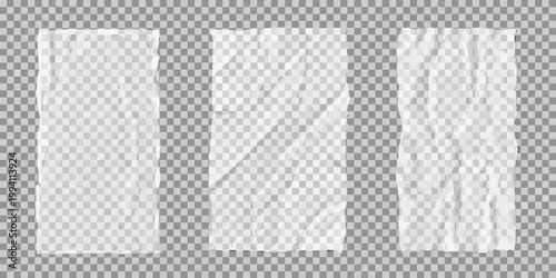 Three crumpled plastic wrap pieces isolated on a transparent background