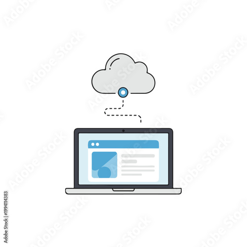 Flat line art illustration of a laptop with a cloud syncing data remotely on a clean white background with a work desk setup for productivity.