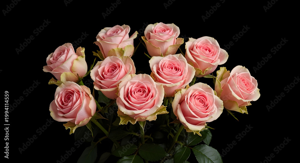 Fototapeta premium The captivating beauty of a lush bouquet of roses against a striking black background. A floral arrangement for a greeting card, shot from above. AI generated. 