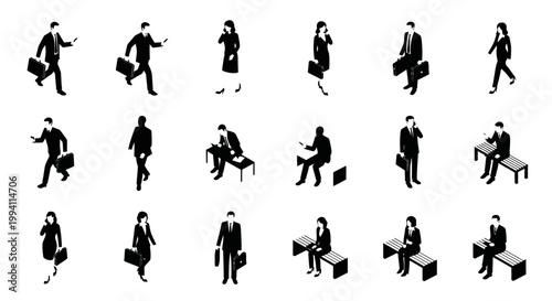 collection of isometric black silhouette business people in various poses standing and sitting
