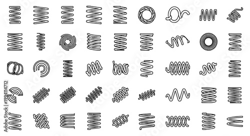 collection of line drawing icons of various types of springs and coils