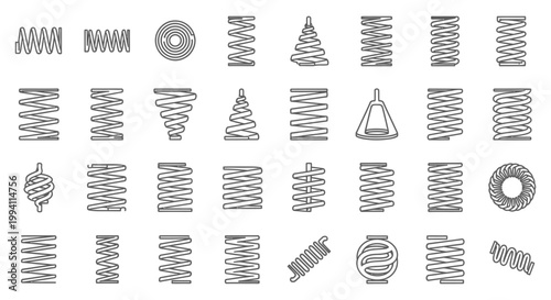 collection of various spring coil icons in a grid representing different types and functions