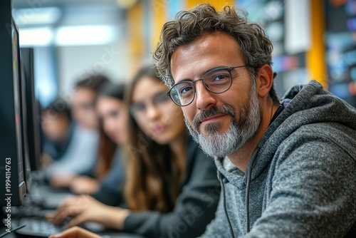 Bearded Man with Glasses Looking at Computer in Modern Office