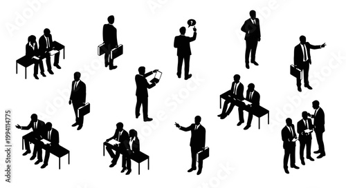 isometric black silhouette business people in meetings and discussions