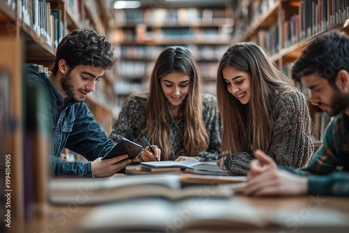 Four Young Adults Studying Together at a Library Table
