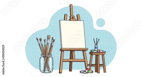 Artist Easel with Brushes and Paints Ready for Creation.