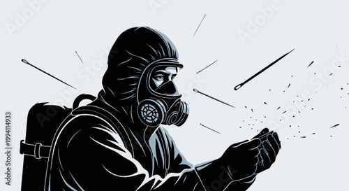 a person in a hazmat suit and gas mask facing flying needles and scattering particles illustrating health risks and pandemic threats