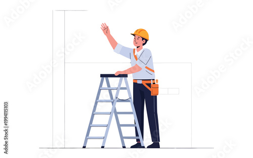 Construction worker on ladder wearing hardhat and toolbelt illustration.