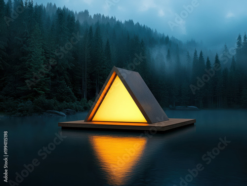 glowing triangular cabin floats on a calm lake surrounded by dense pine forest under a misty, moody sky.