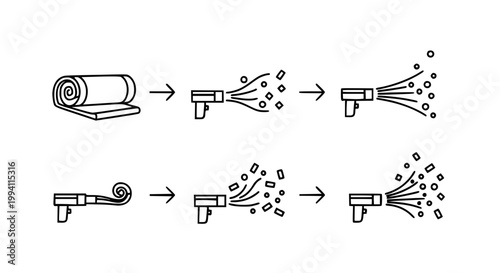 Spray Gun and Coating Process Icon Set with Input Spraying and Result Stages in Clean Outline Style for Industrial Design