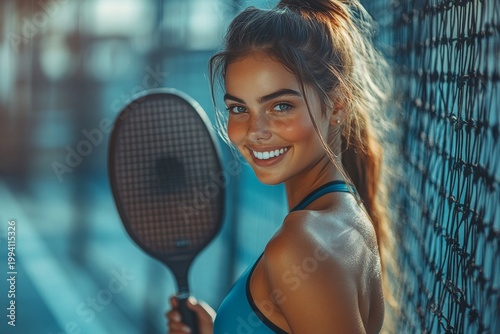 Smiling Woman Holding Tennis Racket on Court