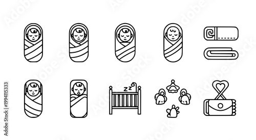 Baby and Newborn Icon Set with Swaddled Infant Baby Crib and Family Group in Clean Outline Style for Parenting Design