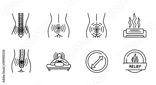 Physical Therapy and Pain Relief Icon Set with Back Pain Hip Massage and Range of Motion in Clean Outline Style for Healthcare
