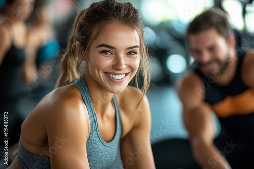 Smiling Woman on Stationary Bike in Fitness Class