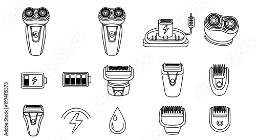 Electric Shaver and Grooming Device Icon Set with Rotary Foil Charger Battery and Brush in Clean Outline Style for Grooming