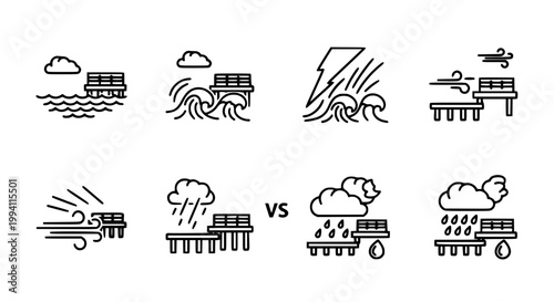 Flood and Storm Disaster Icon Set with Building Waves Lightning Heavy Rain and Hail in Clean Outline Style for Weather