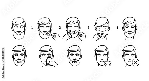 Male Beard Grooming Process Icon Set with Shaving Cream Washing Trimming and Clean Shave in Clean Outline Style
