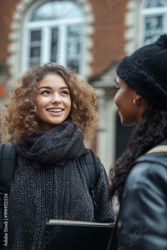 Two Young Women Conversing Outdoors on a Winter Day