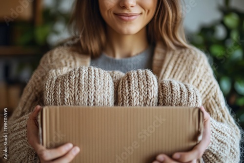 Woman Holding a Box of Handmade Knitted Beanies
