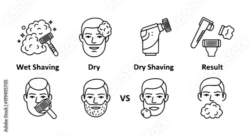 Dry Shaving Comparison Icon Set with Male Face Beard and Electric Razor in Outline Style for Grooming Design