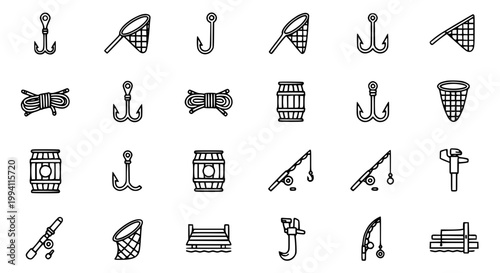 Fishing Icon Set with Hook Net Rod Barrel and Lure in Clean Outline Style for Outdoor Sport and Adventure Design