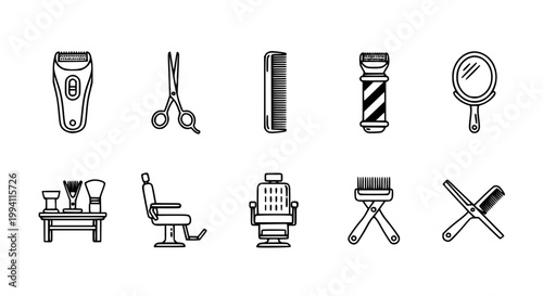 Barber Shop Salon Icon Set with Scissors Comb Pole and Chair in Clean Outline Style for Grooming Business